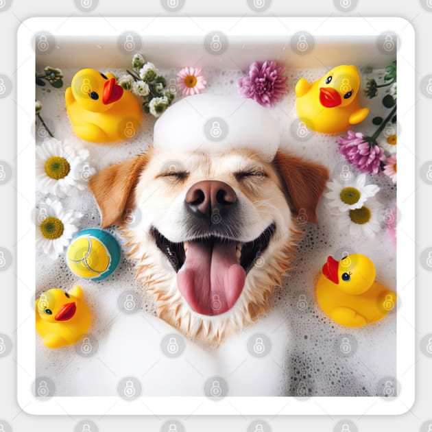 very happy dog laid back and relaxing in the bubble bath Sticker by clearviewstock